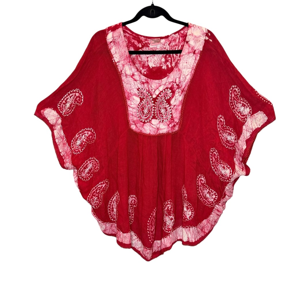 Advance Apparels Kaftan Top Womens Red Paisley Batik Embroidered Boho OS